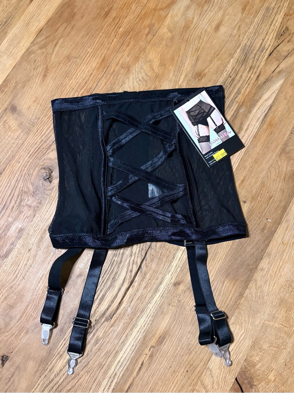 Youmita Black mesh garter with strappy thong